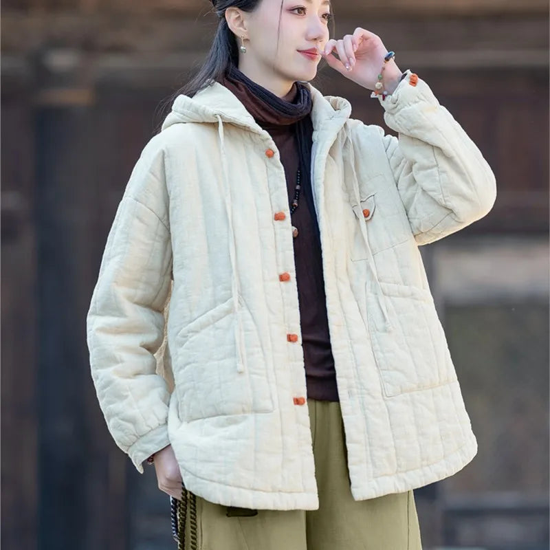 Johnature Women Hooded Ramie Cotton Parkas Solid Color Button Coats 2025 Winter Chinese Style Warm Plus Cotton Pockets Parkas