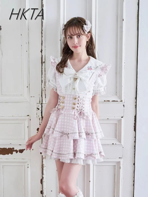 Japanese Liz Skirts Plaid Strap Skirt Girl Mine Mass-produced Cake Skirts 2025 Spring New Ruffle Leaf Edge Bow Short Skirt Women