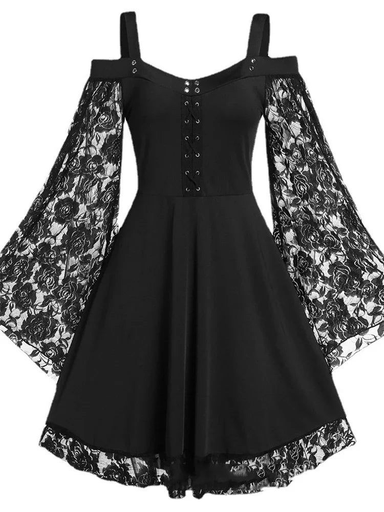 2022 New Gothic One-shoulder Lace Stitching Flared Sleeve Dress Literary Vintage Autumn Grunge Black A-line Dress Punk Partywear