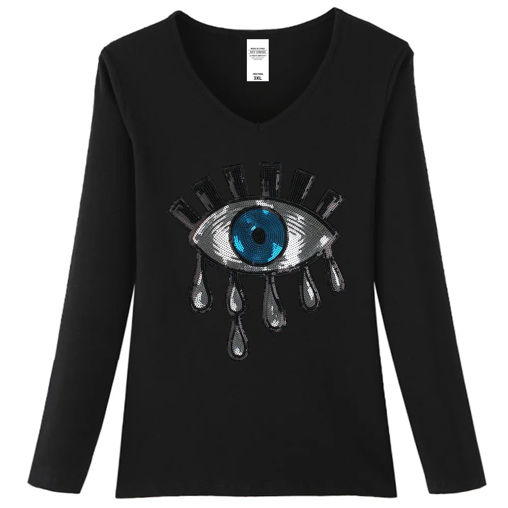 New Summer  Women Cotton Tears T Shirts Ladies Big Eyes Embroidery Sequins T-shirt Loose Style Casual Tshirt Women Casual Tops