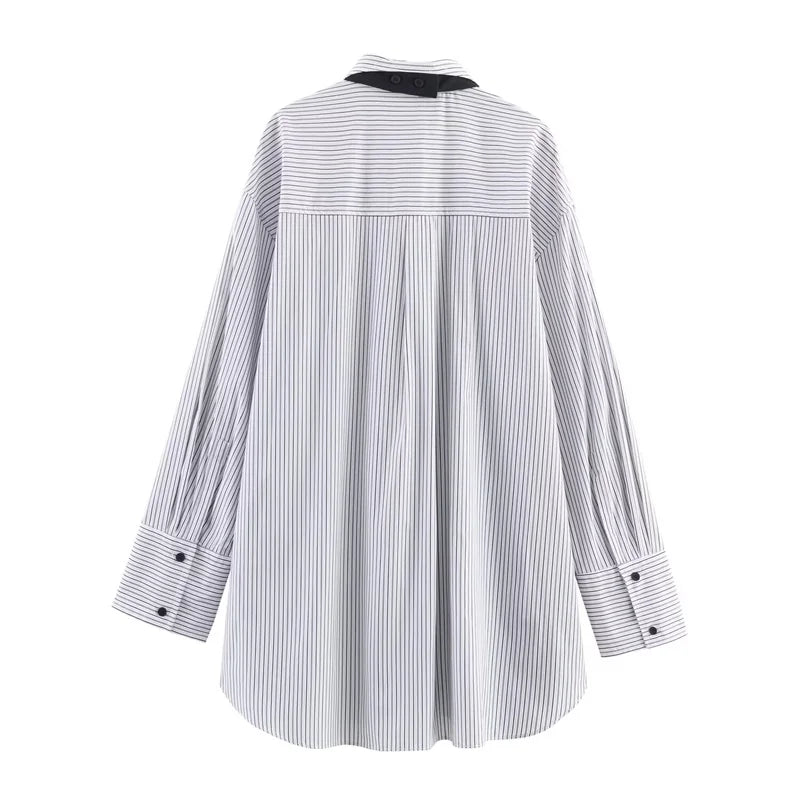 Ladies' shirt  new style  loose plus size  wearing tie  silk striped shirt  women's casual comfortable top