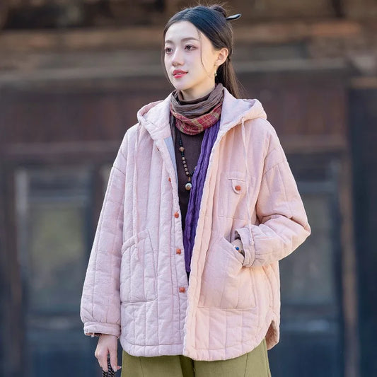Johnature Women Hooded Ramie Cotton Parkas Solid Color Button Coats 2025 Winter Chinese Style Warm Plus Cotton Pockets Parkas