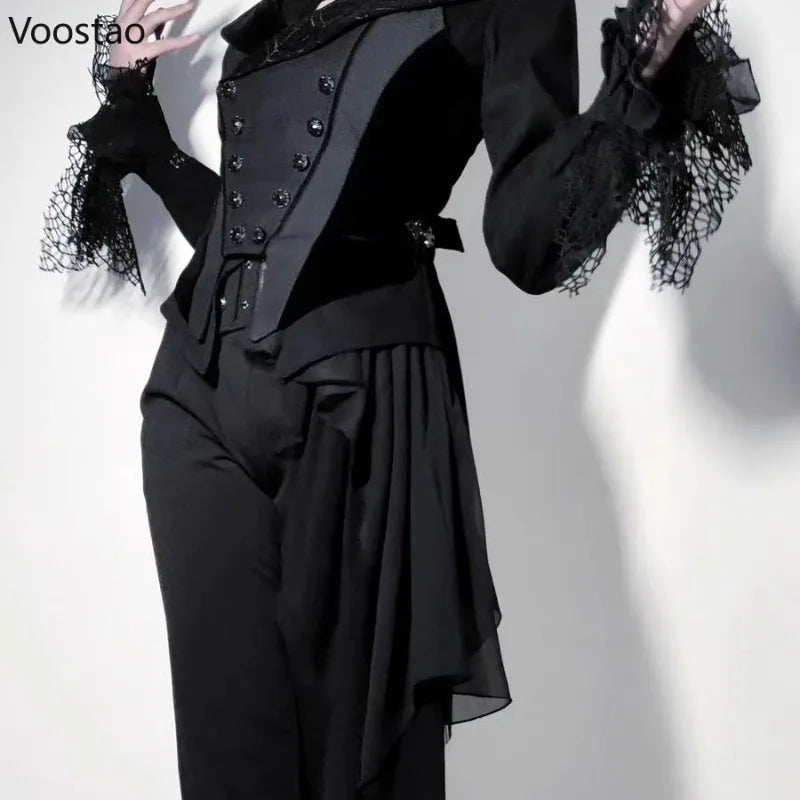 Gothic Y2k Dark Lolita Shirts Women Vintage V-Neck Long Sleeve Blouses Couple Halloween Victorian Retro Slim Clothes Tops Unisex
