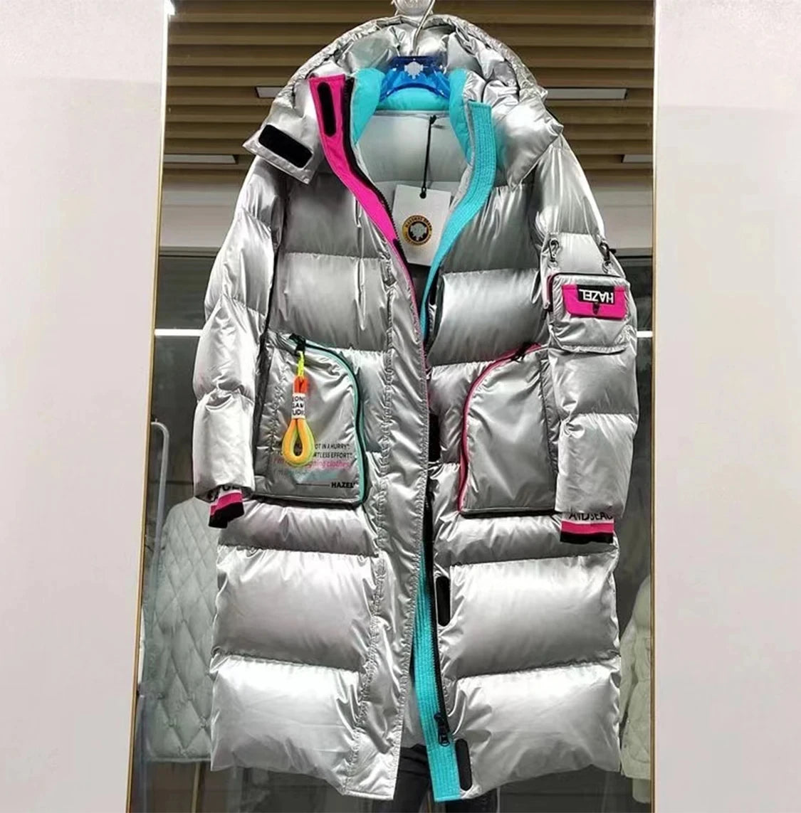 Winter Long Glossy Waterproof Hooded Down Jacket Female Warm Parka Down Outwears Women White Duck Down Knee Length Down Jacket