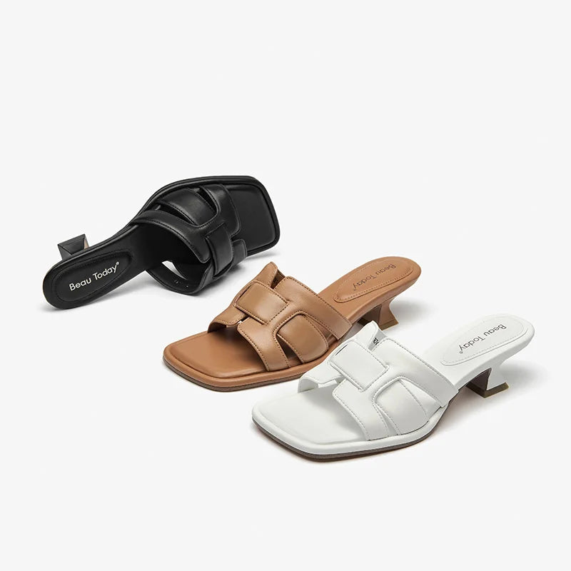 BEAUTODAY Roman Slippers Women Genuine Leather Woven Square Toe Slip-on Flats Outdoors Ladies Mid Heel Shoes Handmade 35111