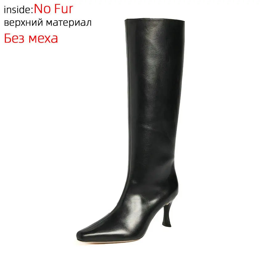 QUTAA 2024  Genuine Leather Pointed Toe Women Knee High Heels Boots Woman Autumn Winter Shoes New Lady Long Boots Size 34-43