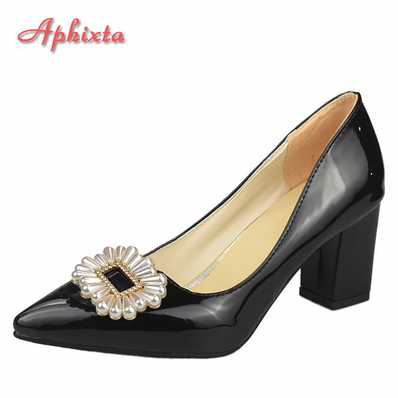 Aphixta 2025 Luxury Pearl Crystals Buckle Baby Pink Pumps Women Shoes Chunky Heel Parent-child Students Big Size 35-53