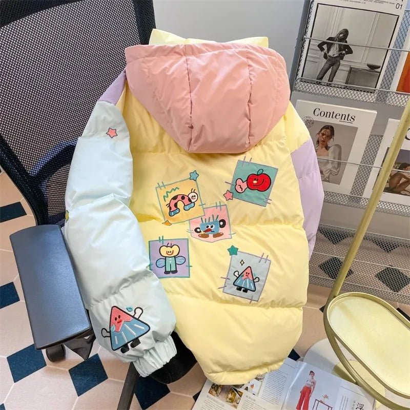 Macaron Cartoon Cotton-Padded Jacket Winter Contrast Color Bread Clothes Fashion Y2k Korean Casual Hooded Loose Thick Coat Women