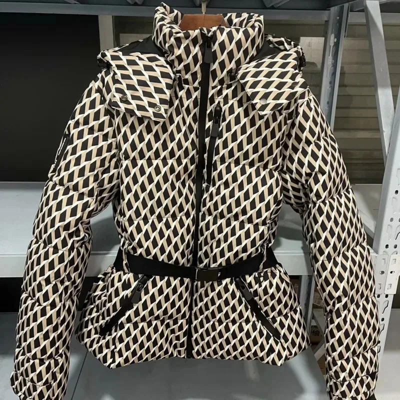 2025 New Women's Ski Series Stand-up Collar Hooded Down Cotton Jacket With Belt Winter Waist Warm Windproof Cuffs Commuter Coats