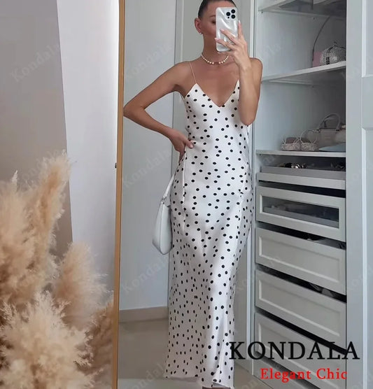 KONDALA Elegant Satin Polka Dot Dress Women's V-Neck Backless Slim Suspender Dress 2025 Summer Fashion Holiday Sexy Female Dress