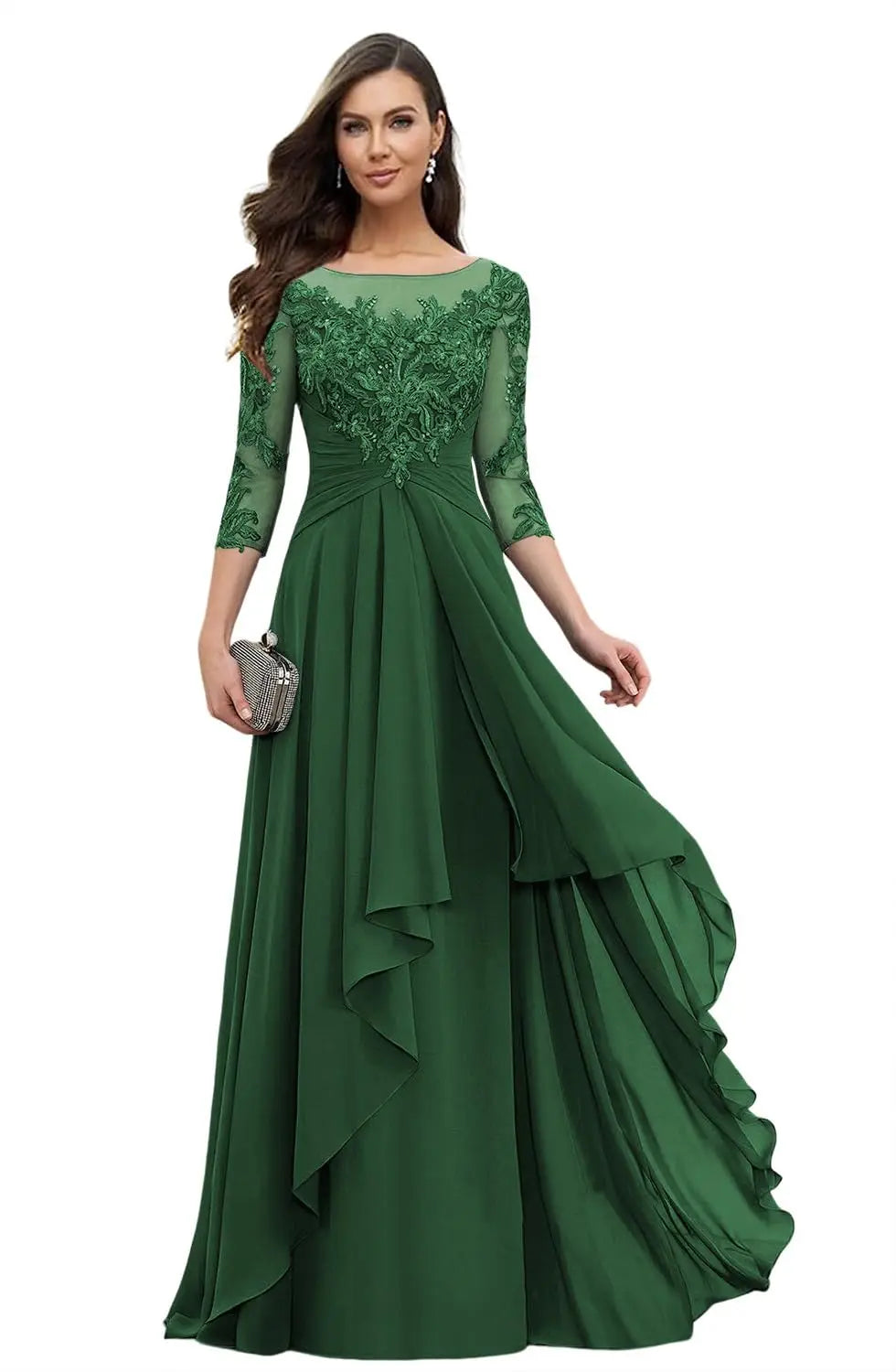 Women's Elegant Lace Mother of The Bride Dresses Scoop Neck Chiffon Ruffles Formal Evening Gowns A-Line Wedding Guest Gowns