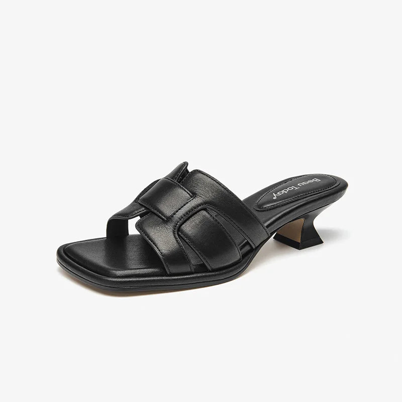 BEAUTODAY Roman Slippers Women Genuine Leather Woven Square Toe Slip-on Flats Outdoors Ladies Mid Heel Shoes Handmade 35111