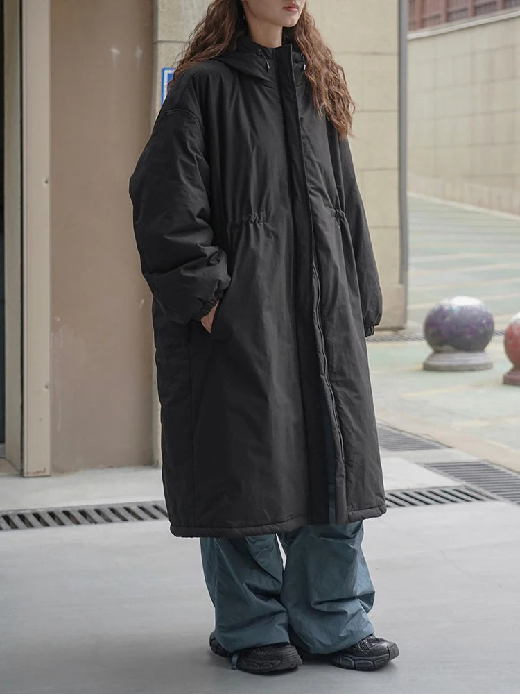 [EAM] Black Big Size Long Cotton-padded Coat Long Sleeve Loose Fit Women Parkas Fashion Tide New Autumn Winter 2025 1DH2804