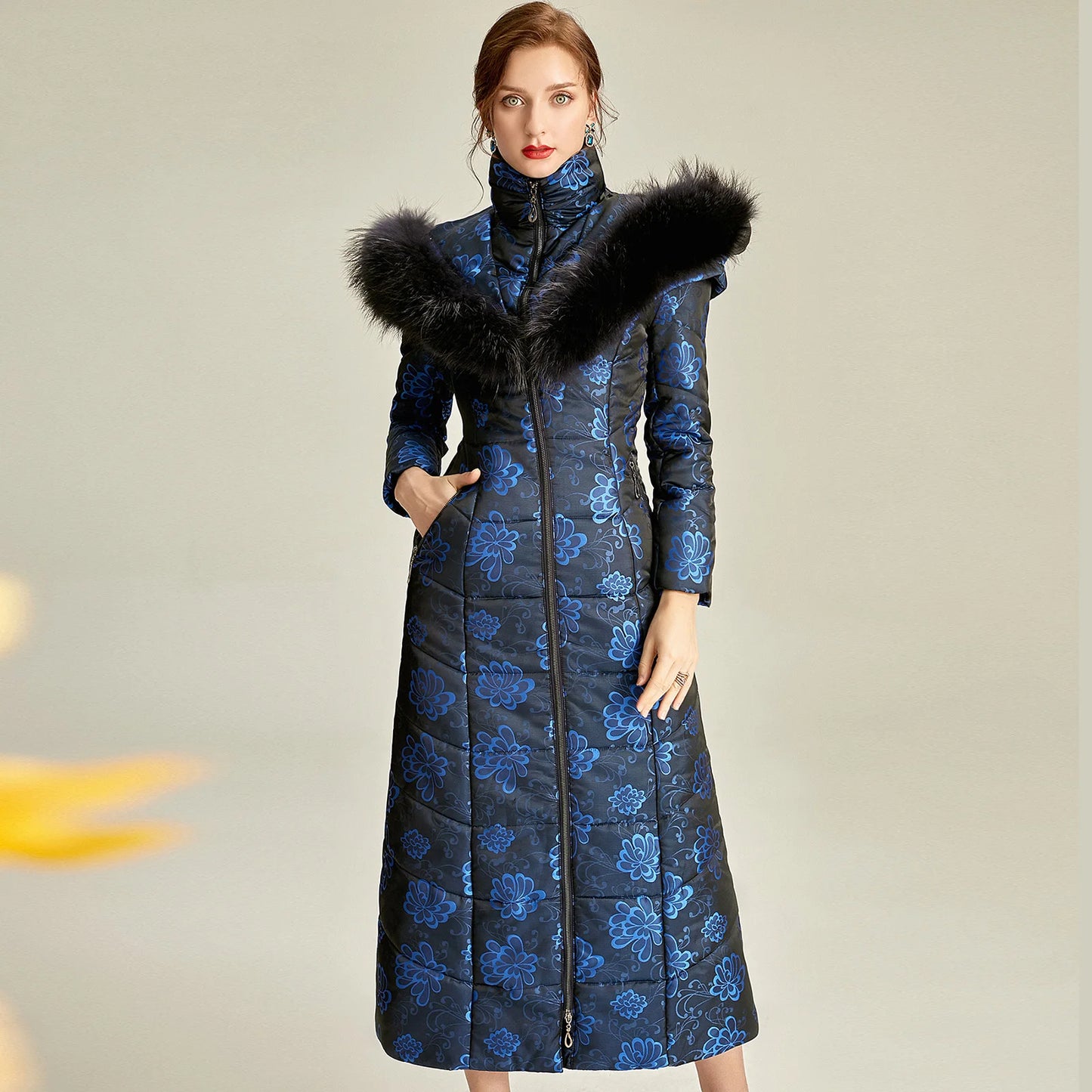England Style Women Winter Fur Hooded Coat Zipper Long Sleeve Jacquard Parkas Space Cotton Floral Thick Coat Jacket Vintage