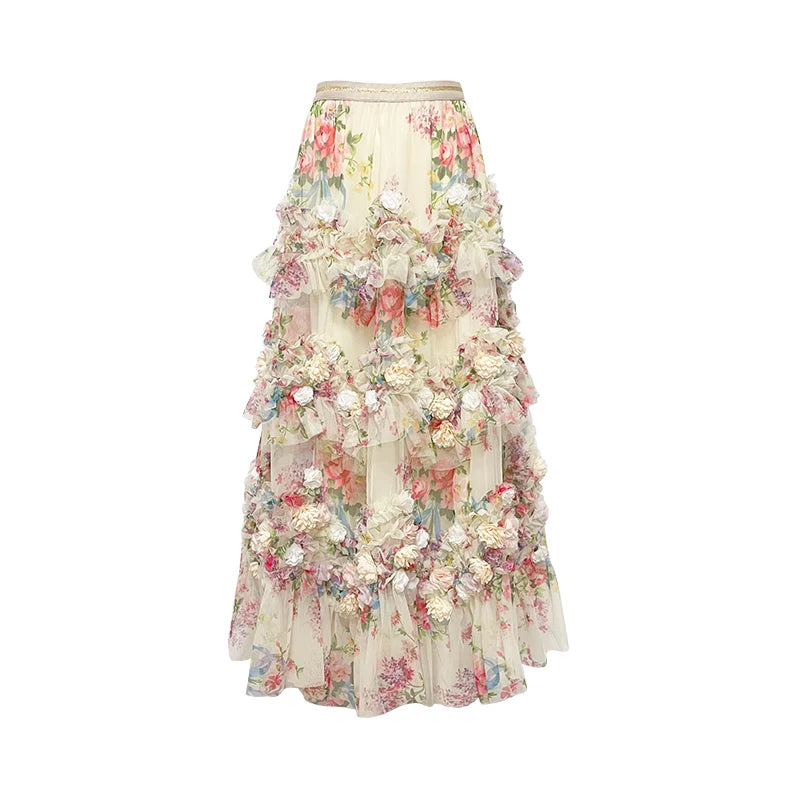 TIYIHAILEY-Women's Long Maxi Mesh Skirt, Elastic High Waist Layer Skirts, Beige Flowers Ball Gown, Fashion, 2025 New Ladies