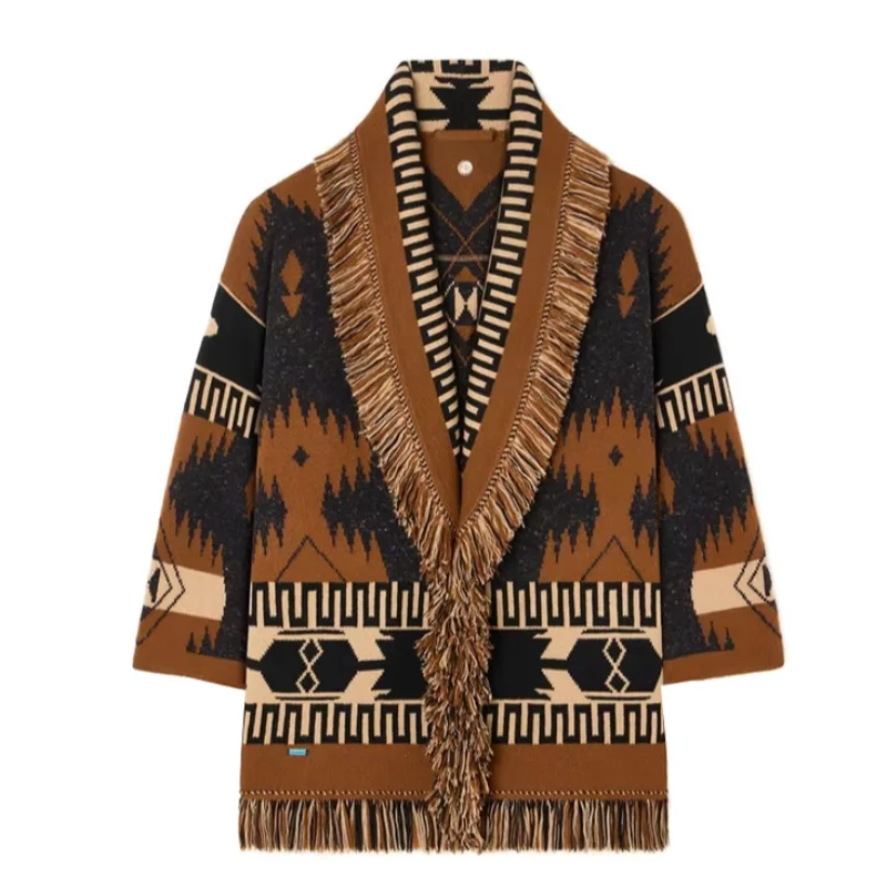 Fashion Lace Up Floral Tassel Patchwork Sweater For Women Elegant Long Sleeve Belt Knitted Cardigan Jacket Lady Chic Street Tops
