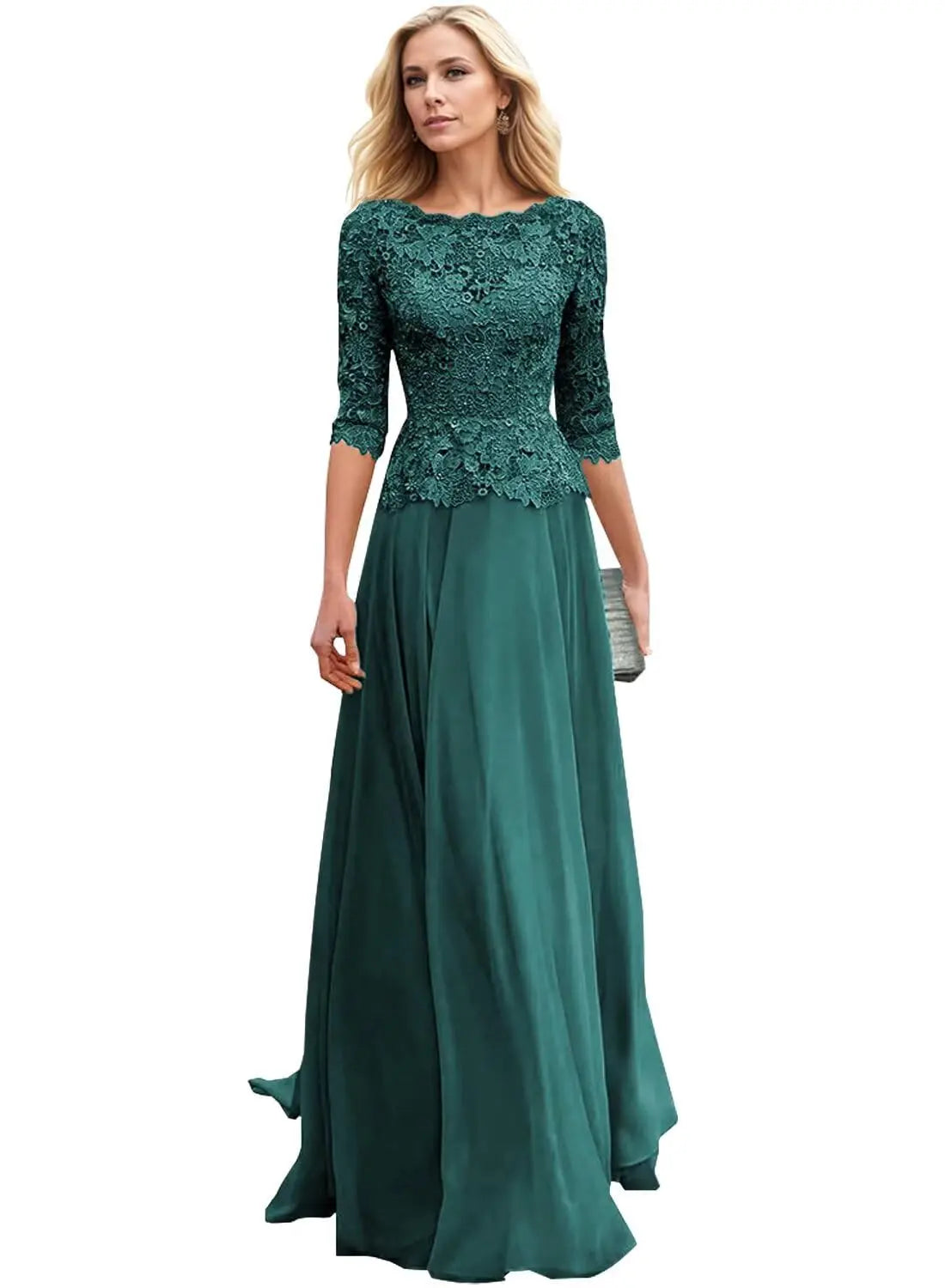 Customized Women's Lace Appliques Mother Of The Bride Dress For Wedding Boat Neck Chiffon Half Sleeves Formal Wedding Guest Gown