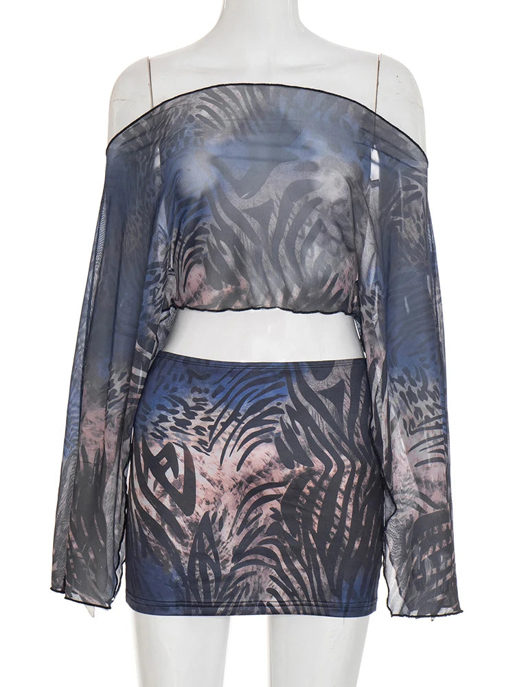 Weird Puss Y2K 2 Piece Set Women Tiger Str Slanted Shoulder Split Sleeve Mesh Crop Tops+Peach Hip Skirts Matching Street Outfits