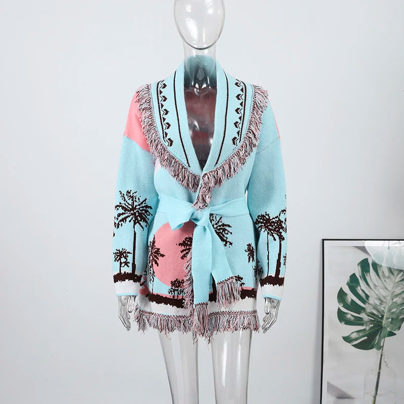 Fashion Lace Up Floral Tassel Patchwork Sweater For Women Elegant Long Sleeve Belt Knitted Cardigan Jacket Lady Chic Street Tops