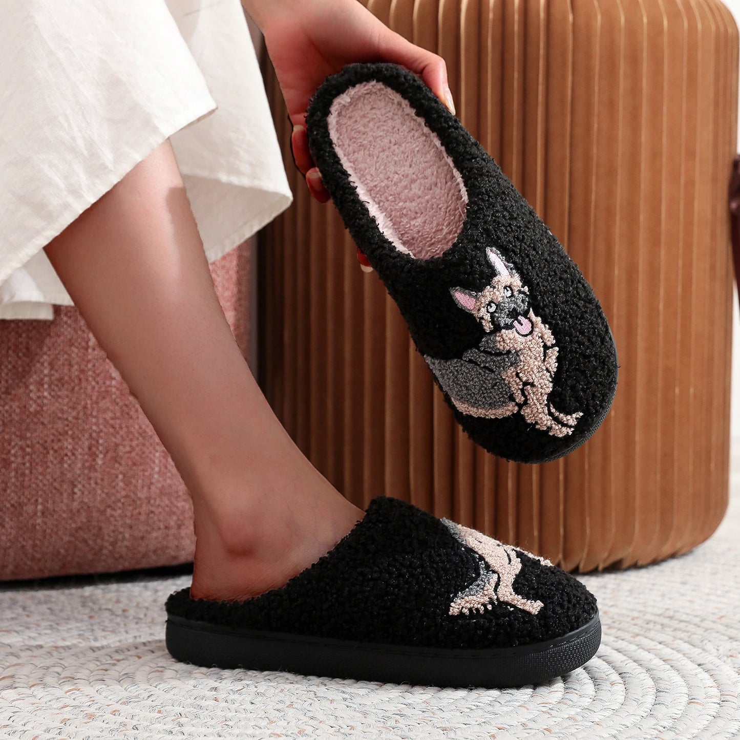 German Shepherd Pet Pattern Embroidery stuffed Home Platform Cozy Furry Cotton Slippers Men Personality Warm Non-slip Indoor Slippers Pet Dad Gift Dog Lovers Essential