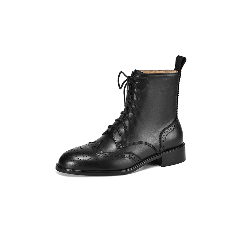 2025 Genuine Leather Boots Women Shoes Thick Sole Lace Up Autumn Winter Short Ankle Boots for Women High Heel Motorcycle Shoes