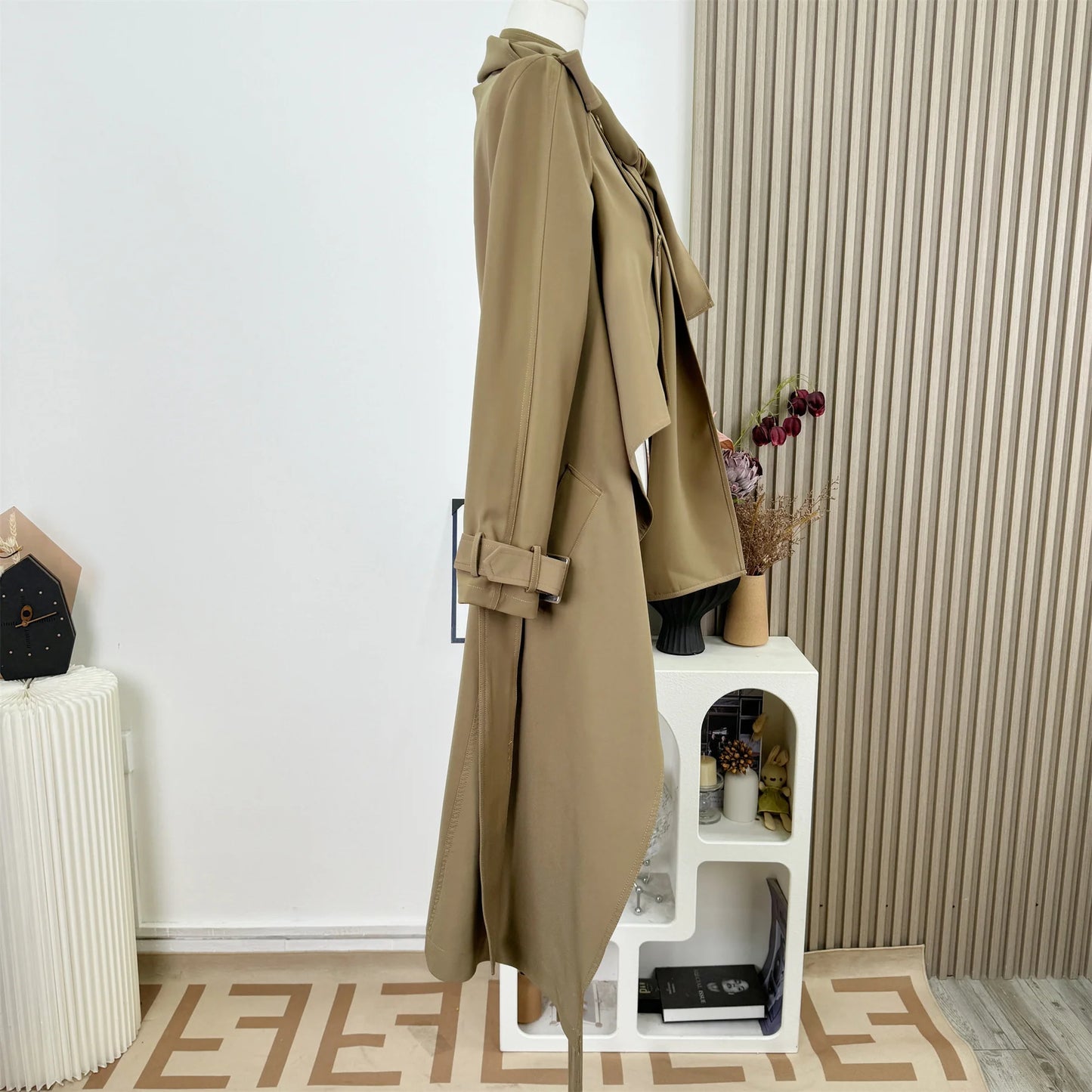 KWTX 2025 Women's Solid Color Trench Coat Belted Double Breasted Longline Lapel Pockets Chic Autumn Winter Fashion Outerwear