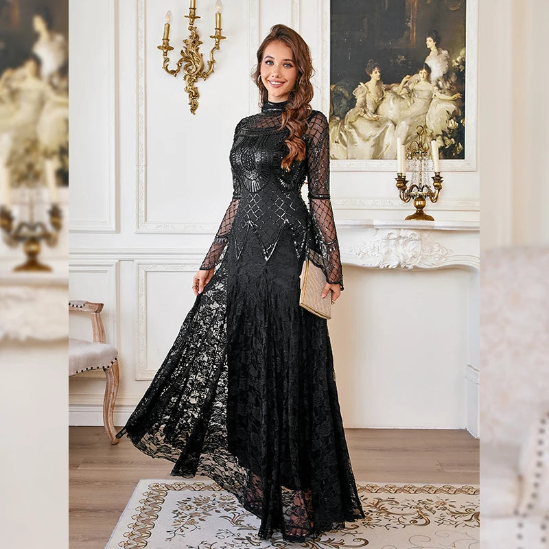2025 New Sexy Elegant party dresses woman Black Prom Vintage great gatsby Evening dress Long Sleeve Lace Formal Dresses