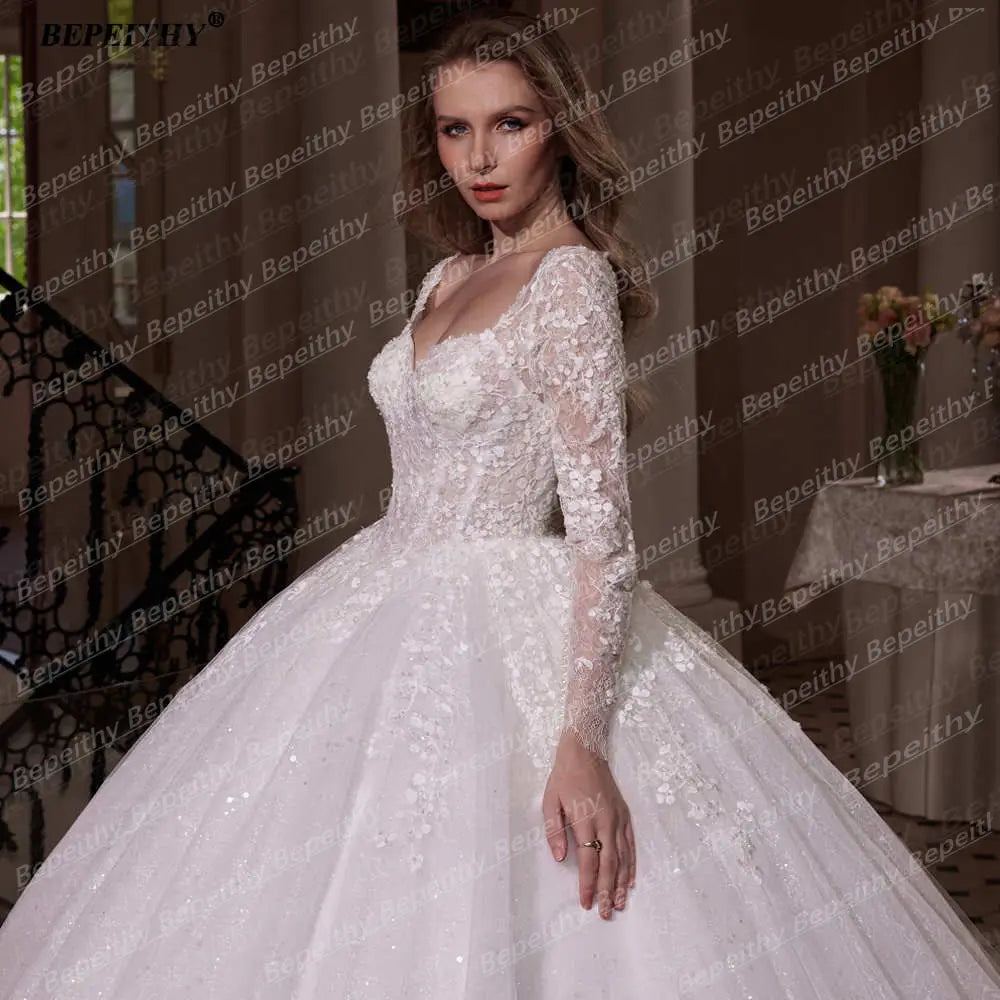 BEPEITHY Customized Princess Glitter Ivory Wedding Dresses Women Full Sleeves Lace Ball Bridal Gown Court Train 2025 Sweetheart