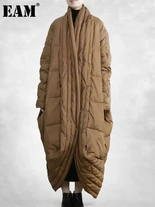 EAM Camel Big Size Thick Warm Long Down Jacket New Long Sleeve Warm Women Parkas Fashion Tide Autumn Winter 2025 31A1074