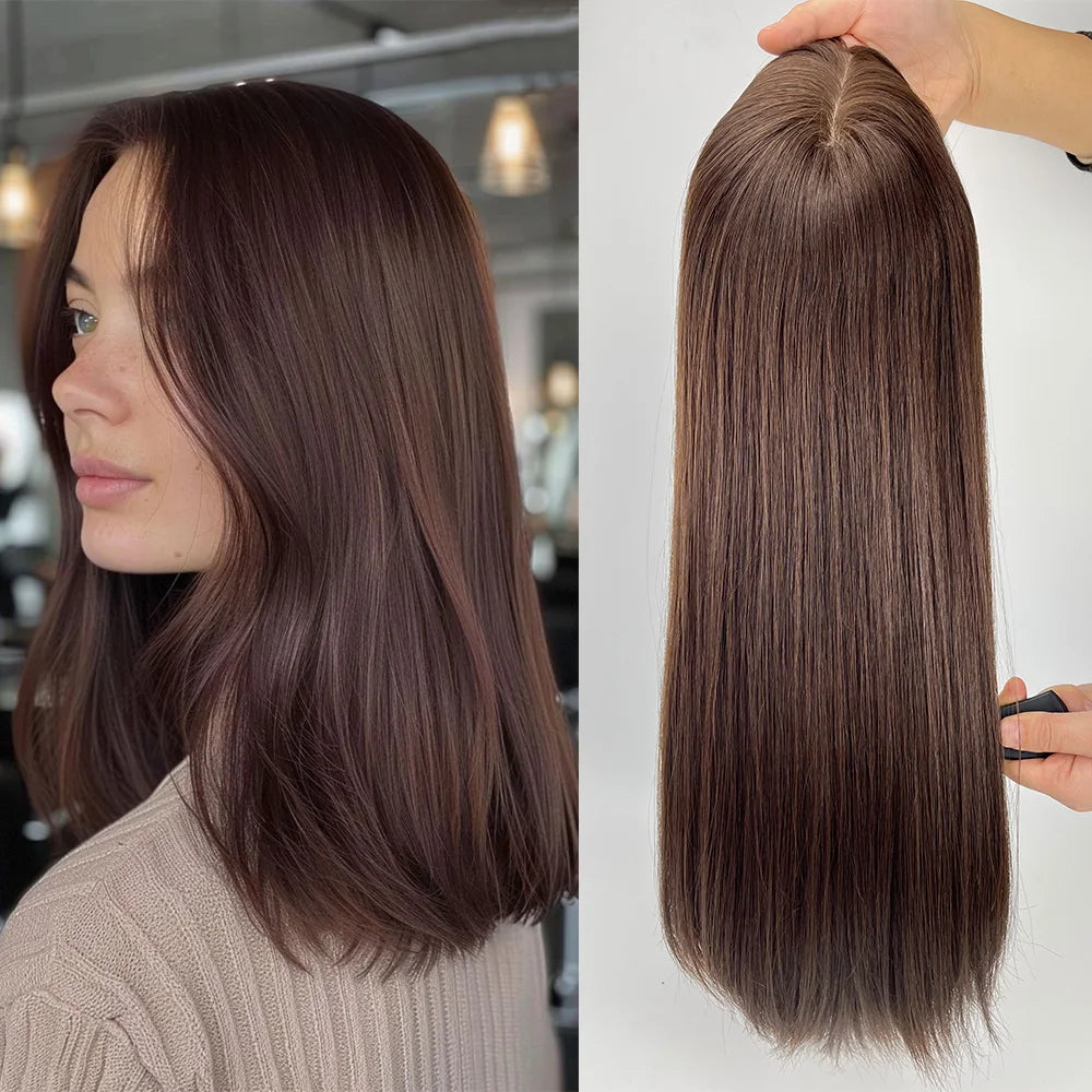 Jewish Topper Full Virgin European Hair 8x8'' Silk Base Natural Scalp Medium Brown Same Length Sheitels Silk Top Kosher Wig