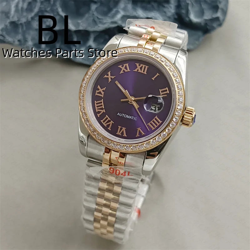 BLIGER 31mm NH05 Automatic Watch For Women Pink Gold Gray Purple Sunburst White Mother Pearl Dial Diamond Index Steel Bracelet