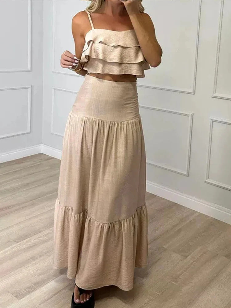Beige Linen Ruffled Crop Top Tiered Skirt Set for Women Perfect for Summer Days Picnics Casual Bohemian Outfits