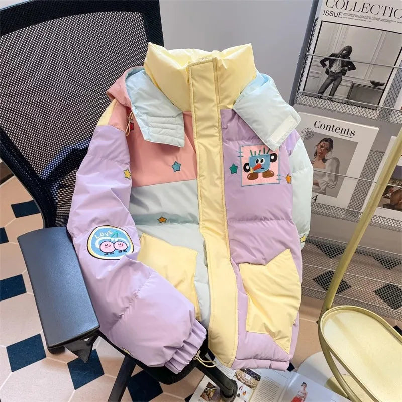 Macaron Cartoon Cotton-Padded Jacket Winter Contrast Color Bread Clothes Fashion Y2k Korean Casual Hooded Loose Thick Coat Women