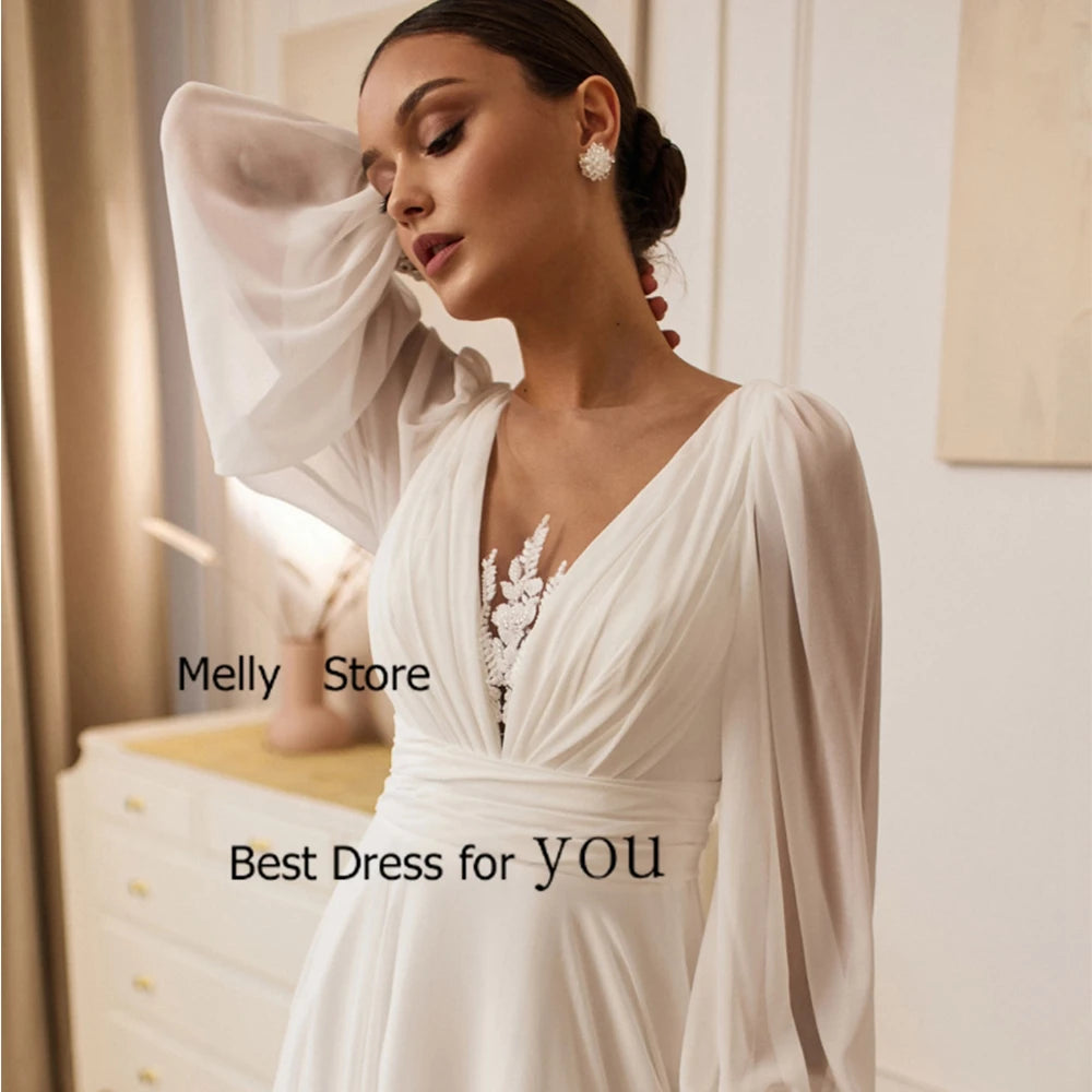 Exquisite Ivory Wedding Dresses A Line Bridal Gowns Court Train Full Sleeve New Vestido De Novia Simple Chiffon Robe De Summer