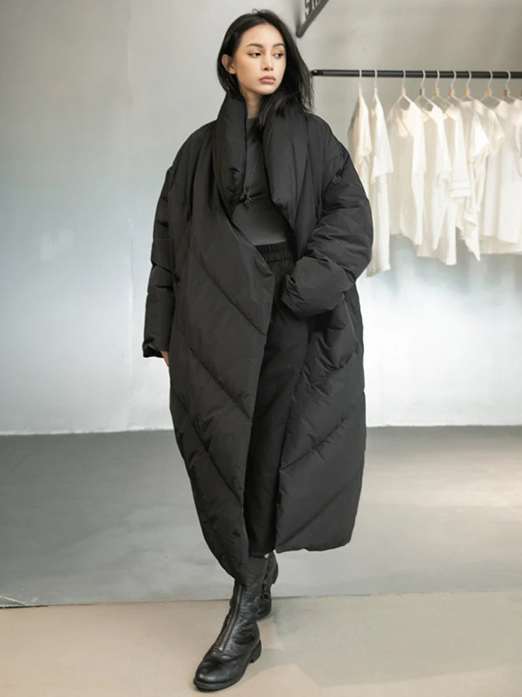 [EAM] Loose Fit Black Long Down Jacket New Stand Collar Long Sleeve Warm Women Parkas Fashion Tide Autumn Winter 2025 1DD1640