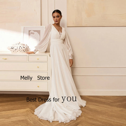 Exquisite Ivory Wedding Dresses A Line Bridal Gowns Court Train Full Sleeve New Vestido De Novia Simple Chiffon Robe De Summer