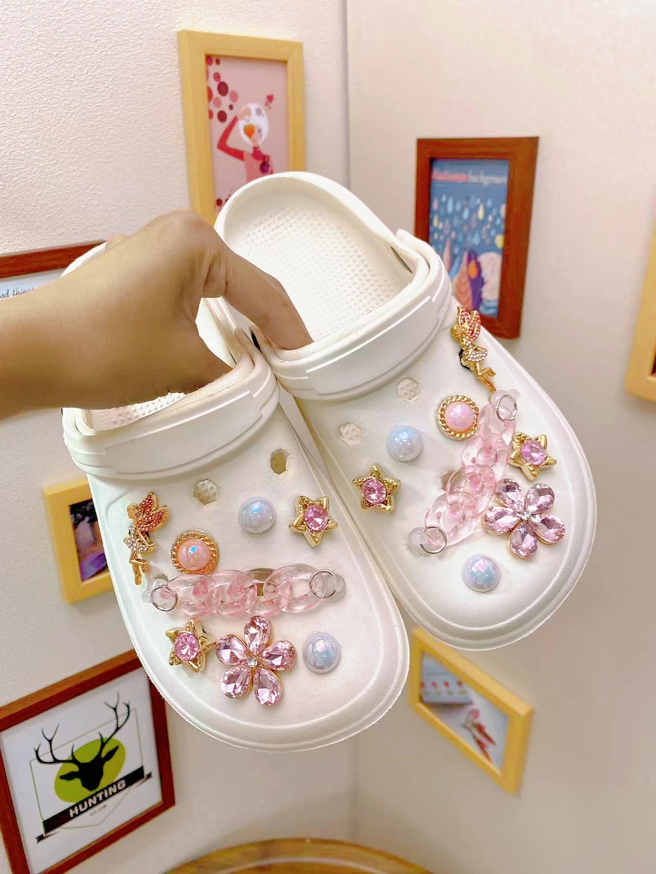 16 pieces of pink crystal chains, fairies, five-petal, beads, pink stars and other crocs accessories, ABS shoe flowers, DLY deco