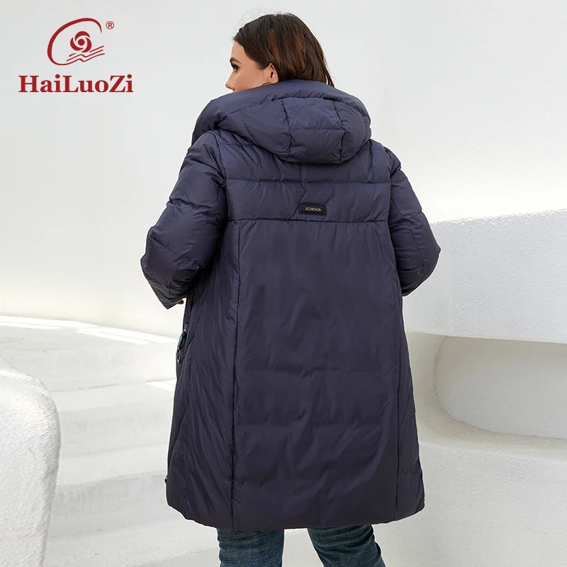 HaiLuoZi 2022 Winter Women's Jackets Thick Cotton Big Pockets Hood Zipper Quilted Parka Oversize Female Casual Women Coat 6896