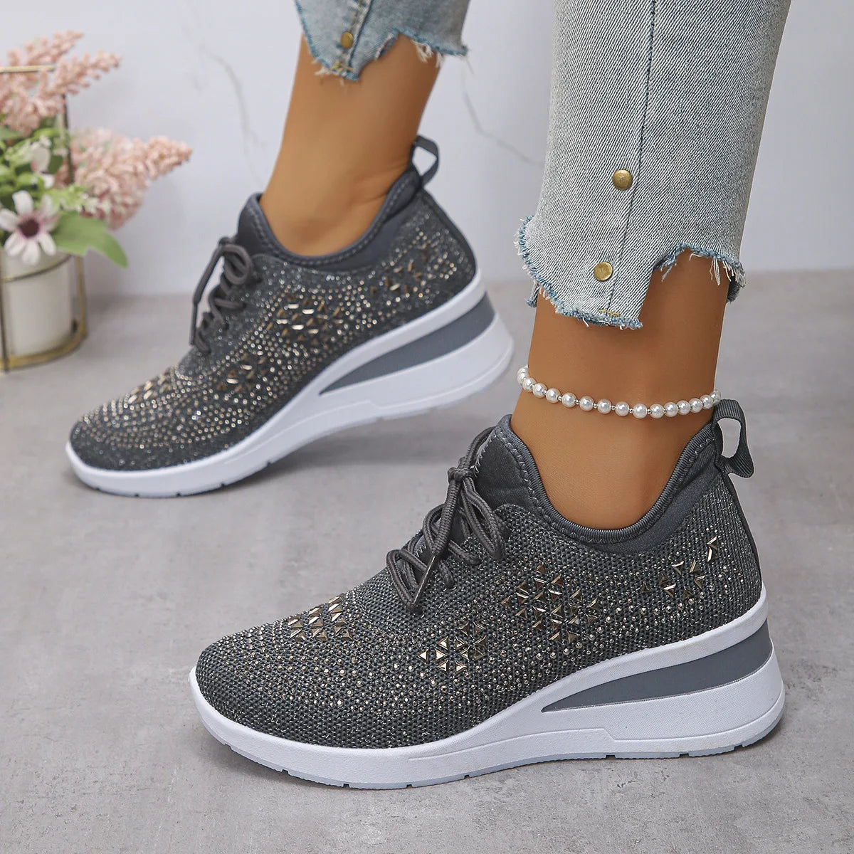 Women's Sneakers Shiny Rhinestone Wedge  Breathable Knit Non Slip Walking Shoes Woman Plus Size Fashion Thick Sole White Sneaker