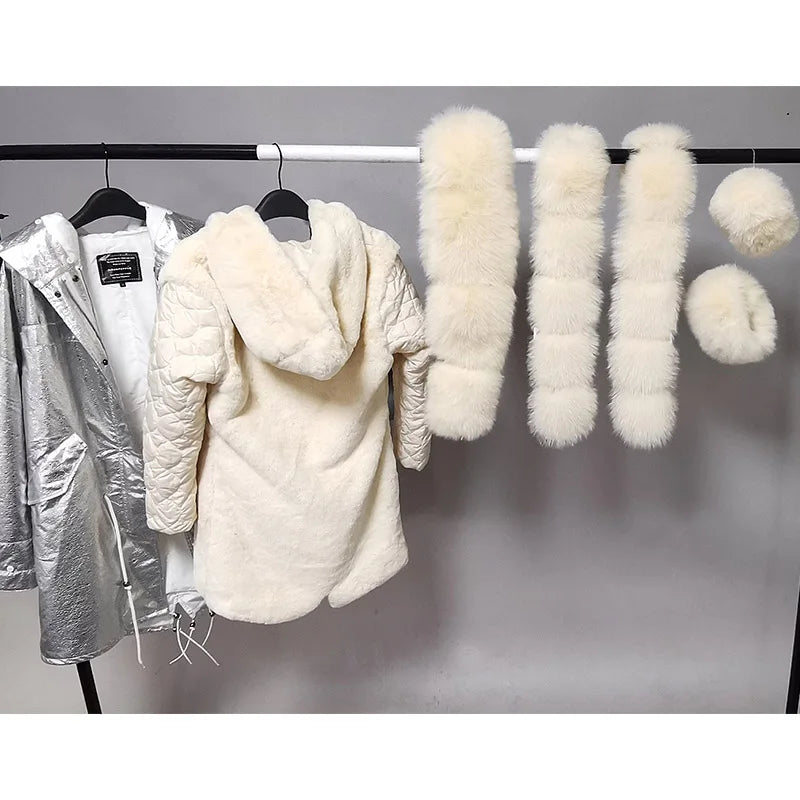 Maomaokong Winter Women Luxur Beige Fur Coat Natural Real Fox Fur Waterproof Jacket Hooded Thick Warm Fashion Long Black Parkas