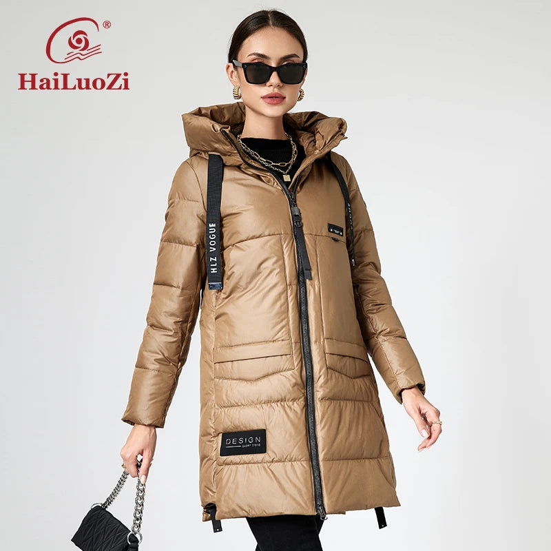 HaiLuoZi 2022 New Women's Coat Hooded Warm and Thick Mid-long Bio Cotton Parkas Side zipper Big Pockets Winter Jacket Women 86