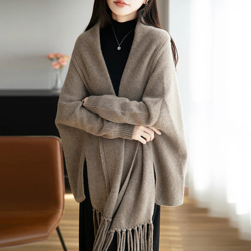 2025 Autumn Winter New 100% Pure Wool Shawl Cardigan, Women's Tassel Jacket, Loose Cape, Versatile, Stylish Highend Korean Style