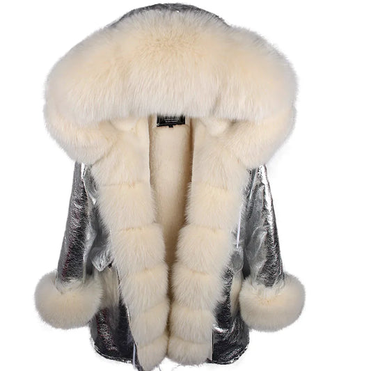 Maomaokong Winter Women Luxur Beige Fur Coat Natural Real Fox Fur Waterproof Jacket Hooded Thick Warm Fashion Long Black Parkas