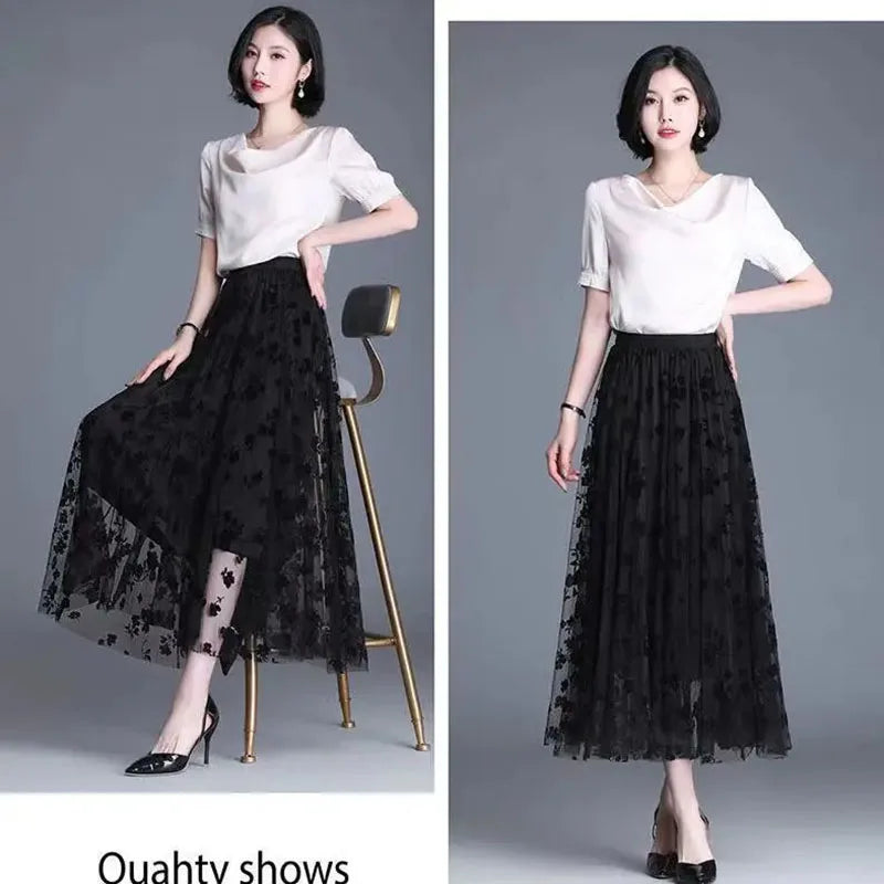 Gauze skirt floral half fairy skirt spring and summer new pleated A-line skirt in the long high waist thin gauze skirt