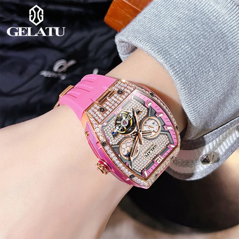 GELATU 6016 Women Watch Luxury Full Diamond Hollow out Dial Silicone Waterproof Moonphase Watch Women Automatic Mechanical Watch