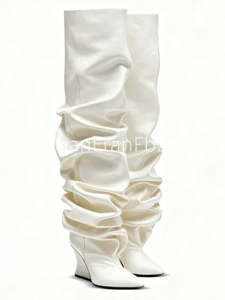European and American Autumn and Winter Pleated Thick High Heels Knee High Women's Boots Pointed Fashion Party Women's Boots