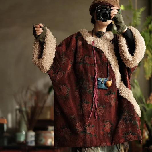Johnature Women Corduroy Print Floral Parkas Red Winter Coats 2025 Warm Patchwork Wool Plus Cotton Women Loose Pullover Parkas