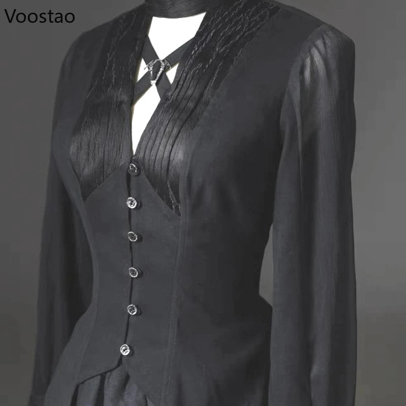 Gothic Y2k Dark Lolita Shirts Women Vintage V-Neck Long Sleeve Blouses Couple Halloween Victorian Retro Slim Clothes Tops Unisex