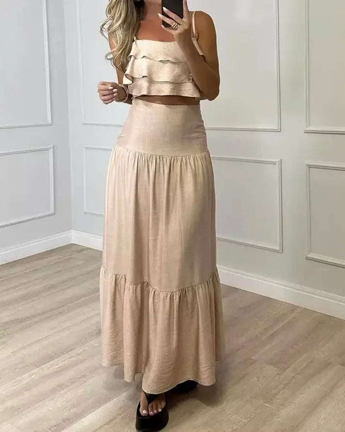 Beige Linen Ruffled Crop Top Tiered Skirt Set for Women Perfect for Summer Days Picnics Casual Bohemian Outfits