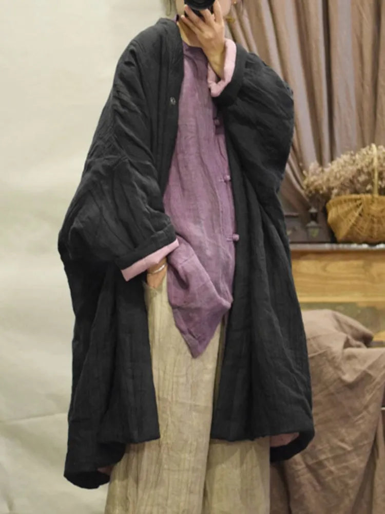 Women Loose Linen Padded Long Coat Parkas Ladies Vintage Flax Coat Female 2023 Winter Coat Tops